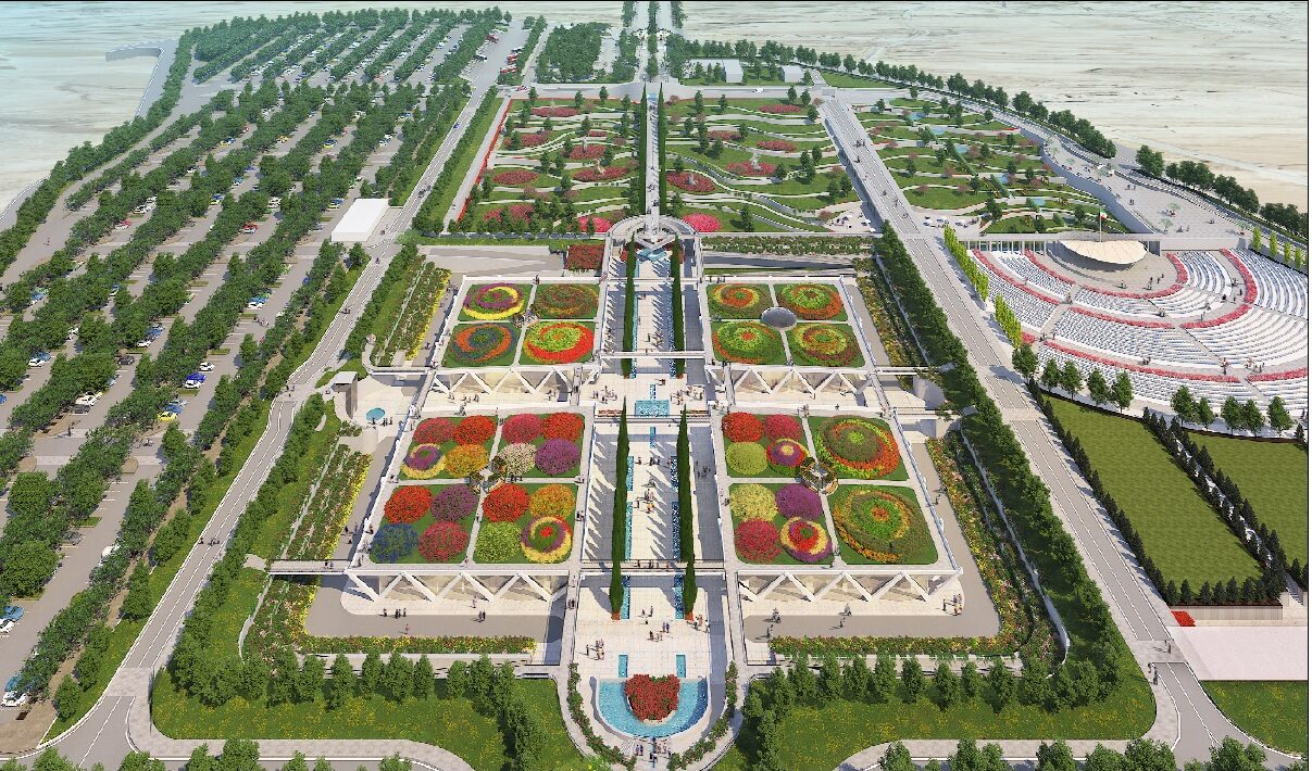 Ferdowsi Cultural Gardens Complex located in Tus, Iran, showcasing beautiful landscaping and architectural elements, designed to celebrate Persian culture and heritage.