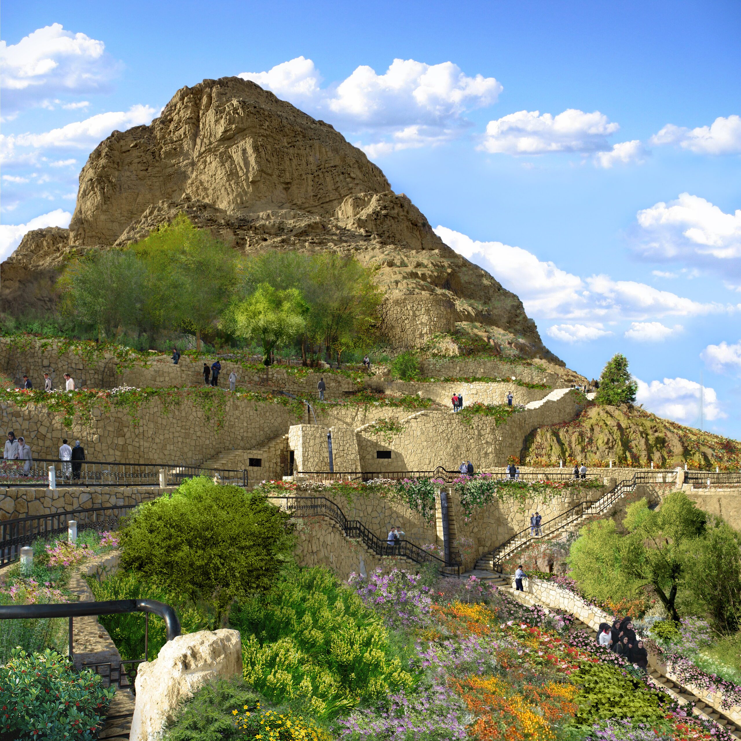 A scenic view of Sofeh Mountain Tourism Complex with Pachenar Spring and Khachik Spring in Esfehan, showcasing natural beauty and tourism in 2003.